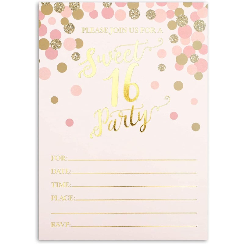 Sparkle and Bash 36-Pack Sweet 16 Birthday Invitations - Pink & Rose Gold Foil, 5 x 7 in - Cardstock Party Invites with Envelopes & Preprinted RSVP - Sweet 16 Party Invitations for Girls - Image 3